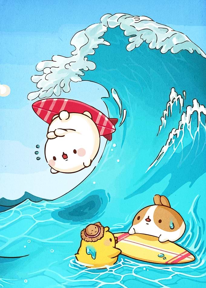 Cartoon Animals Surfing Wave