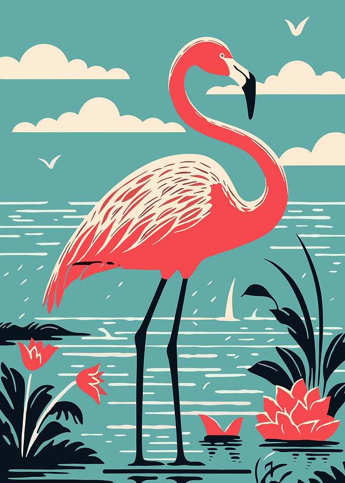 Stylized Flamingo in a Tropical Setting