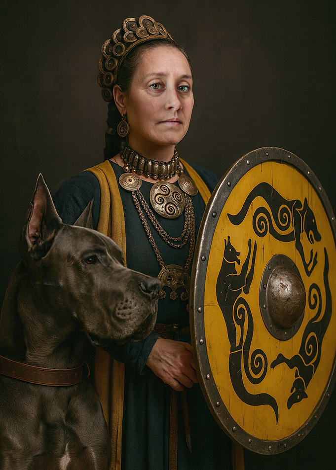 Viking woman with dog and shield