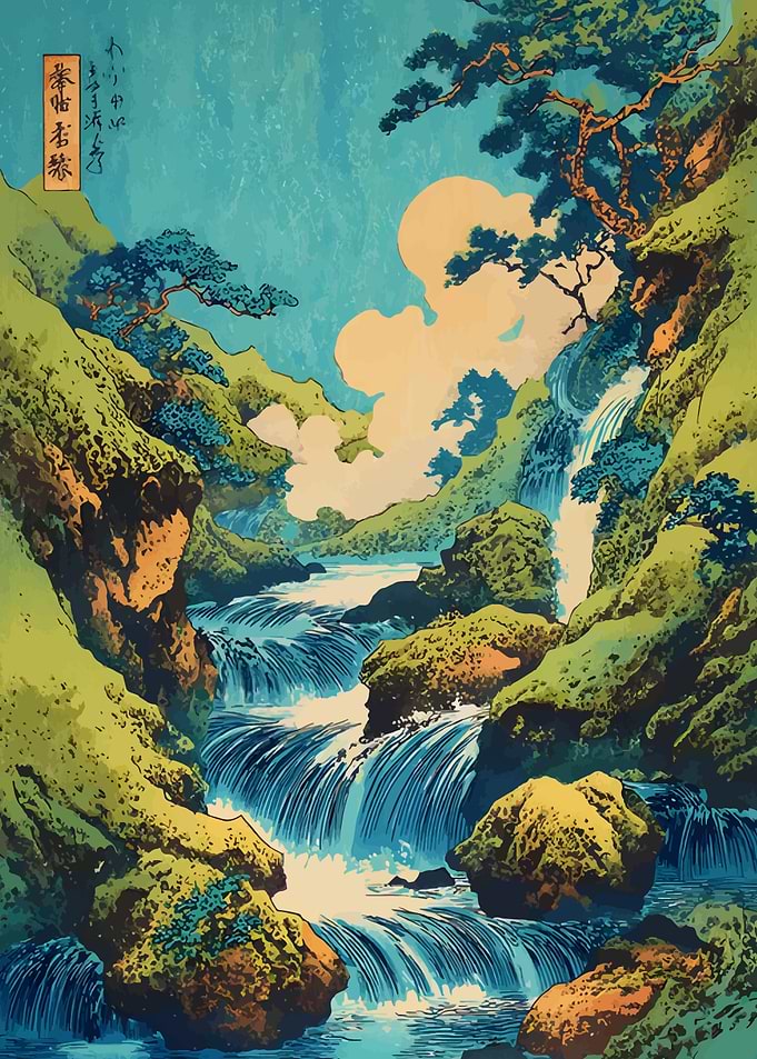 Japanese Landscape with Waterfall and Mountains