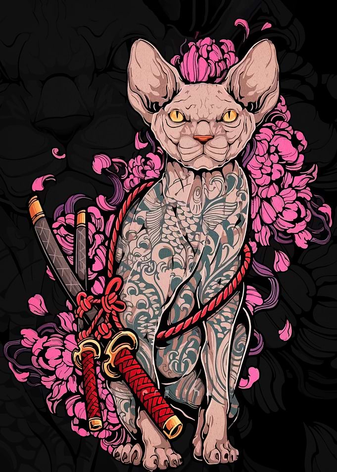 Tattooed Cat with Swords and Flowers