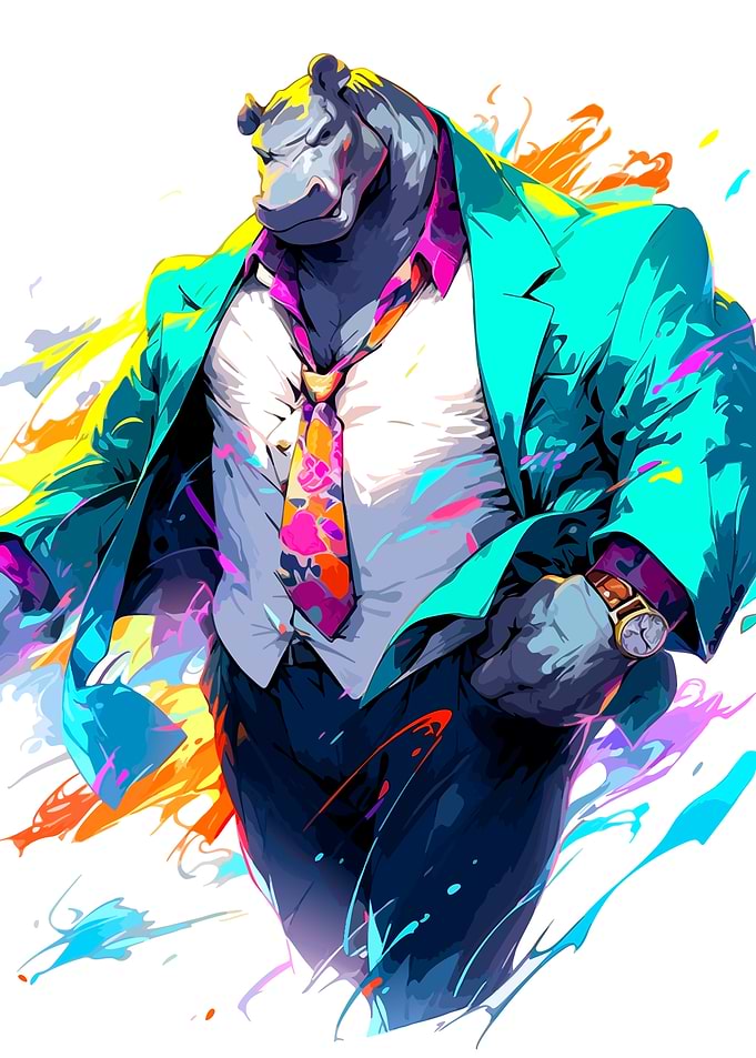 Hippo in Suit with Colorful Splashes