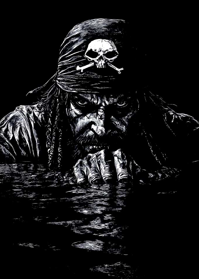 Pirate in Water Black and White