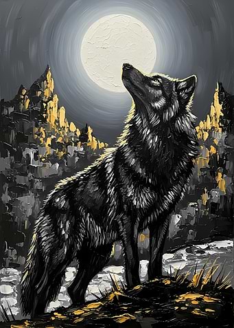 Wolf Howling at the Moon Painting