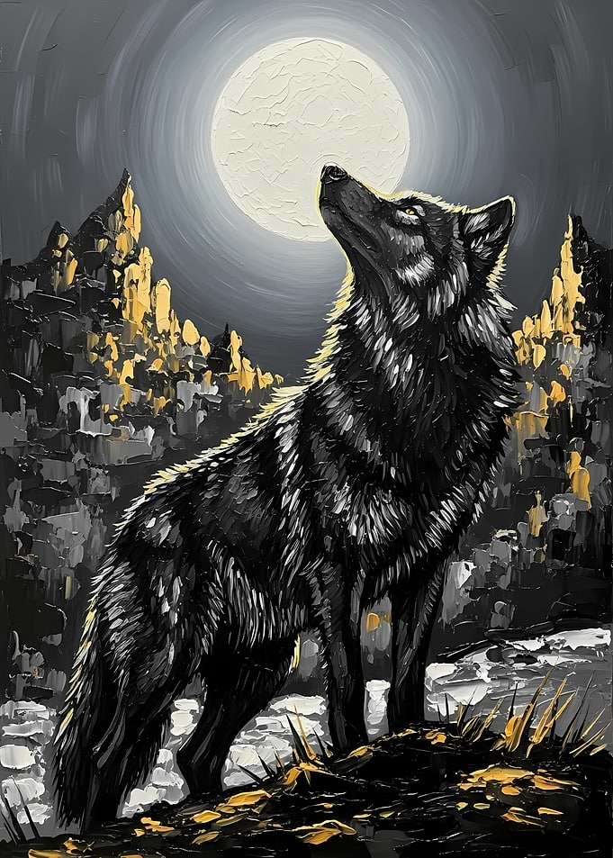 Wolf Howling at the Moon Painting