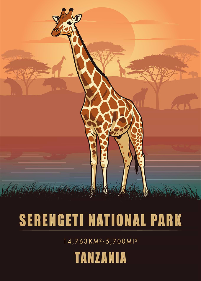 Vintage Serengeti National Park Poster ,Tanzania Giraffe Poster , Retro Safari Print