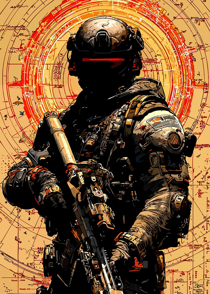 Futuristic Soldier with Weapon and Map