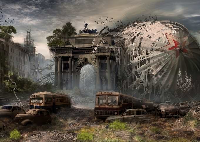 Post-Apocalyptic Cityscape with Airship Wreck