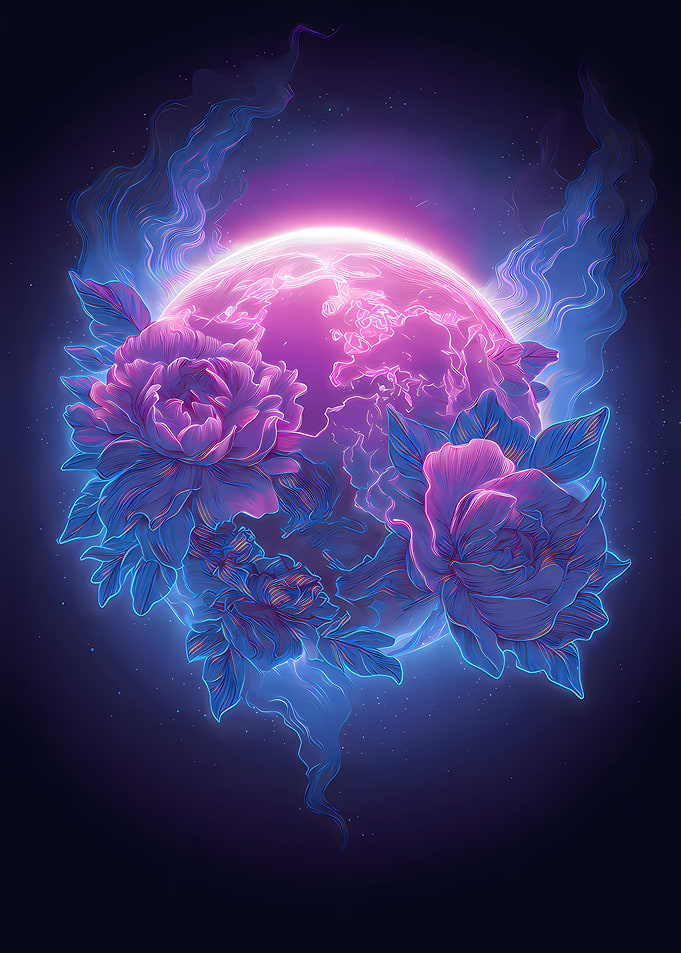 Floral Planet with Neon Space Glow