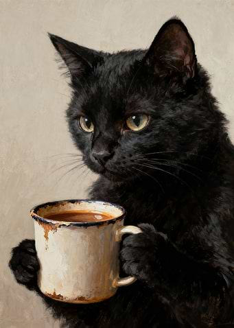 Black Cat with Coffee Mug Painting