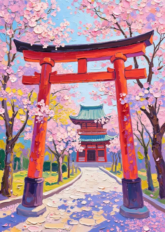 Japanese Temple with Cherry Blossoms Painting