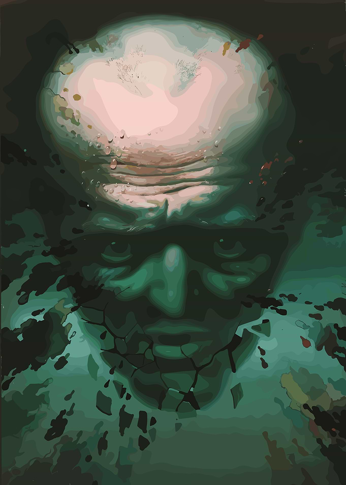 Abstract Portrait with Cracks and Green Hue