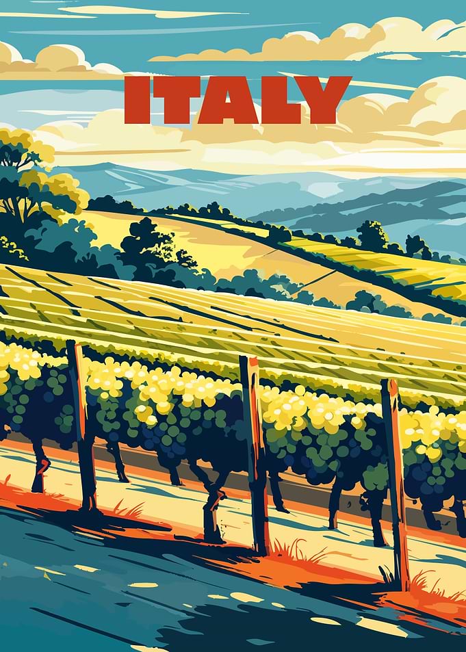 Italy Vineyard Landscape Travel Poster Art