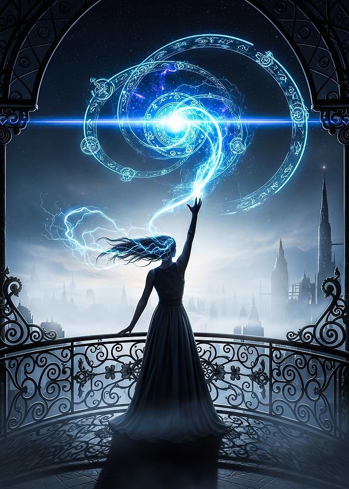 Mystical Woman Casting Spell on Balcony