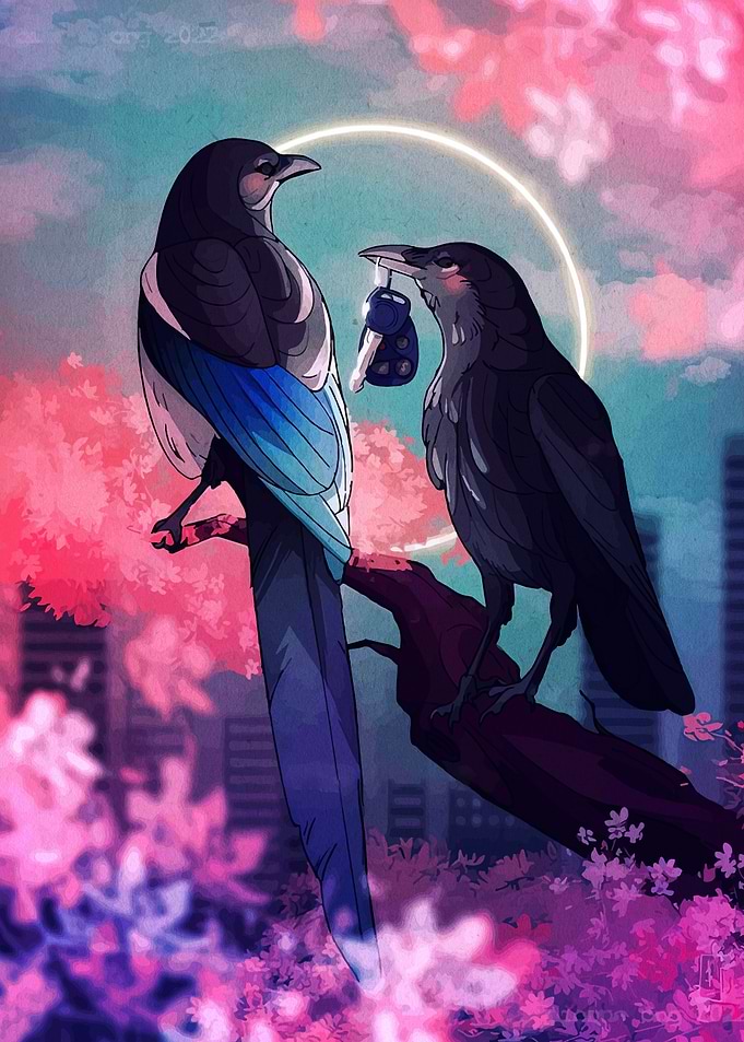 Birds with a Gift in Cherry Blossoms