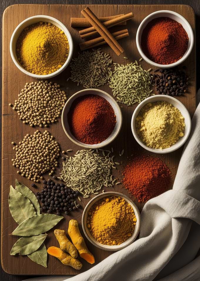 Spices on Wooden Board