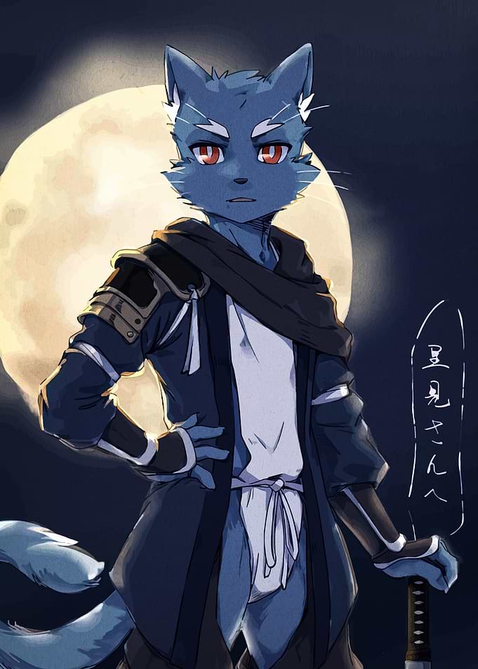 Anthropomorphic Cat Samurai with Moon