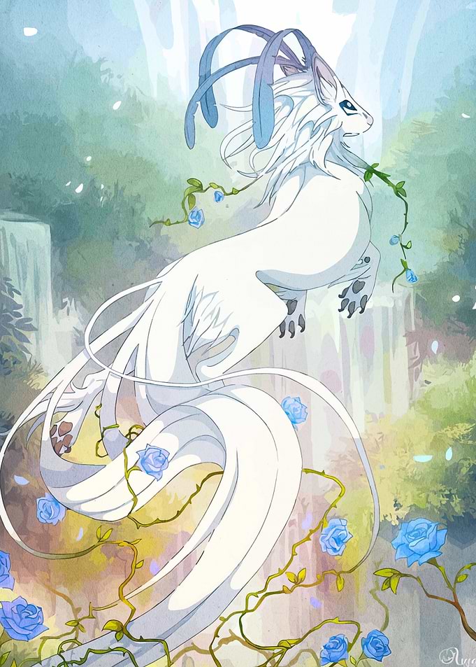 White Fantasy Creature with Blue Roses