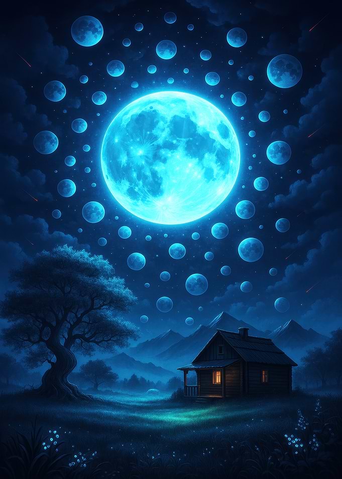 Blue Moonlit Cabin Landscape