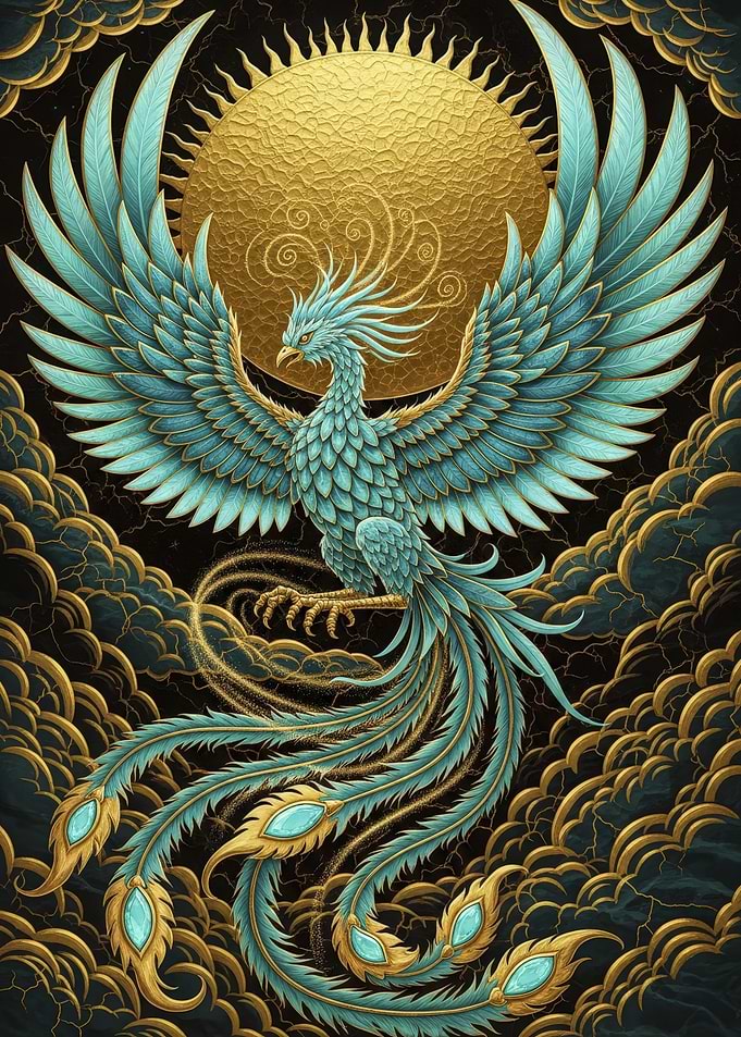 Teal Phoenix with Golden Sun