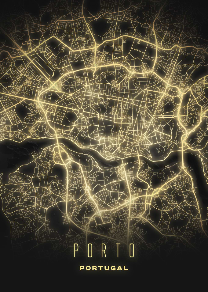 Porto, Portugal - Glowing Night Map Print, Contemporary City Art