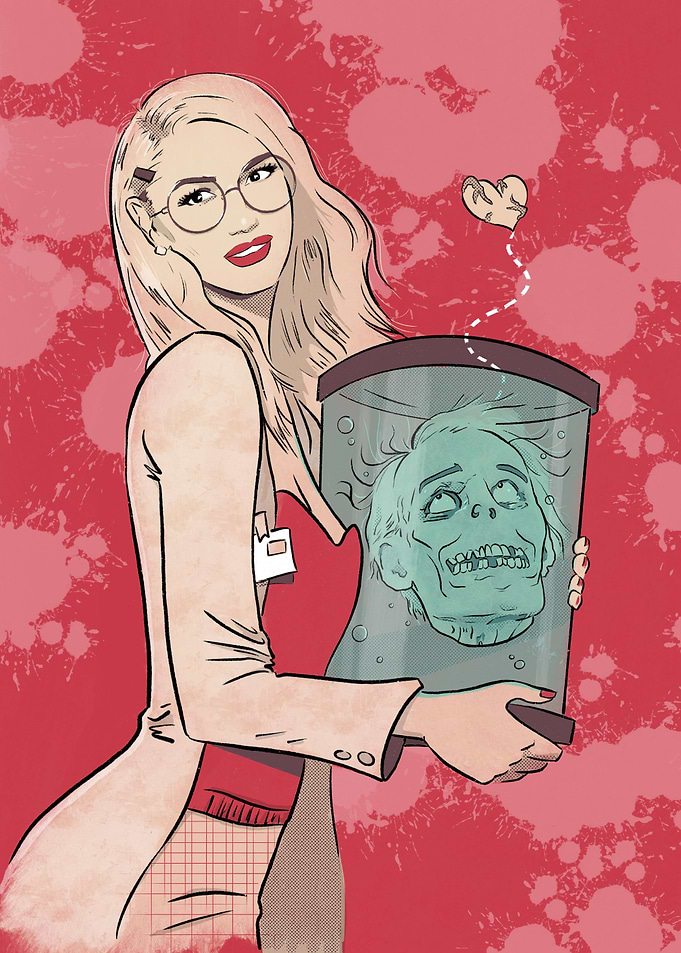 Blonde Scientist with Head in Jar