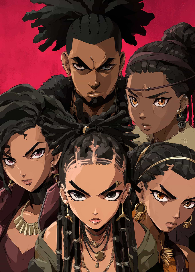 Anime-Style Group Portrait on Red Background