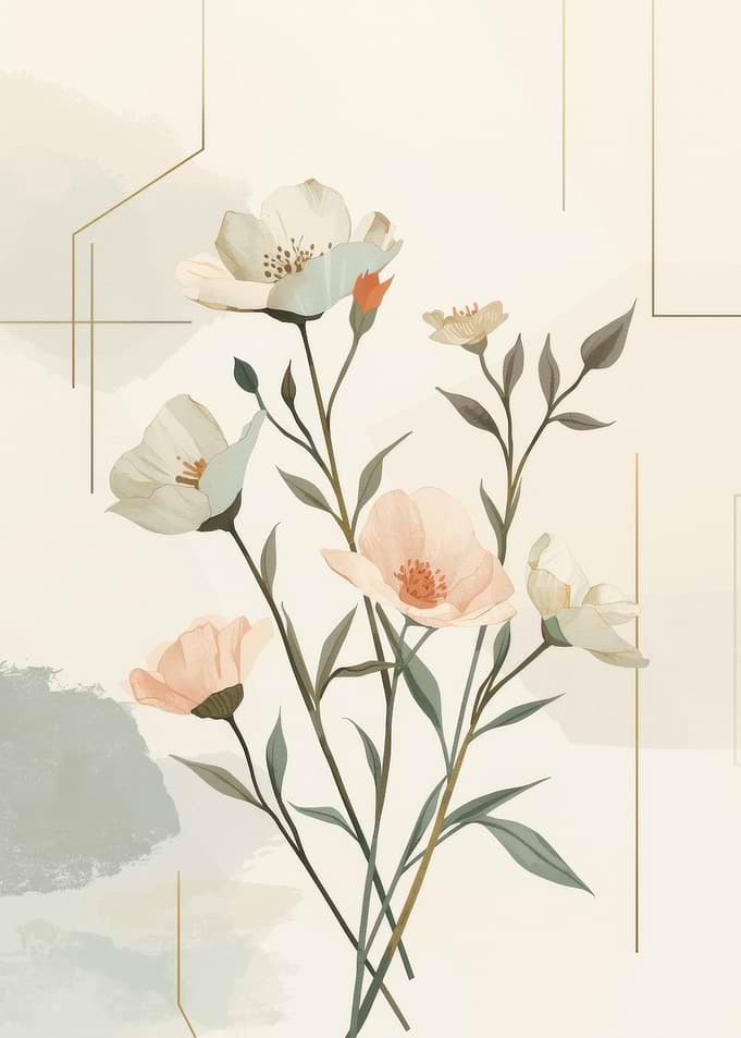 Floral Watercolor Painting with Geometric Accents