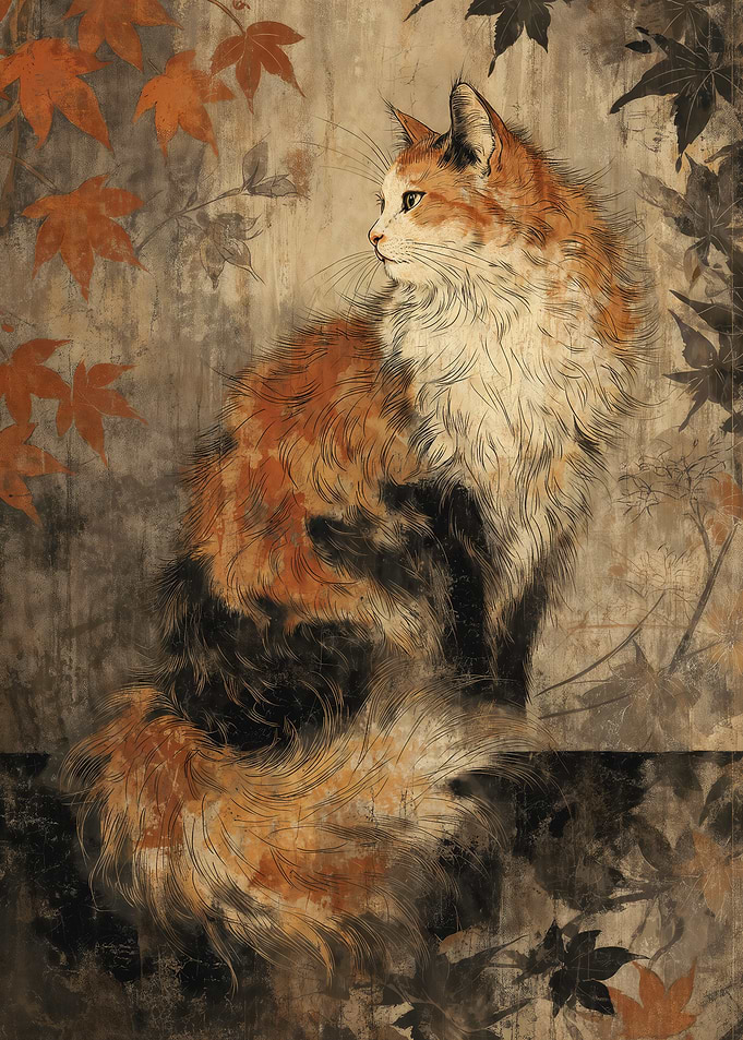 Vintage Art of a Japanese Calico Cat