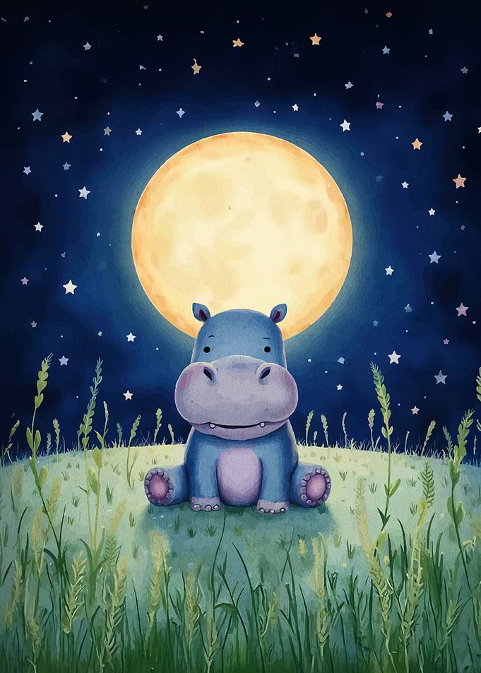 Cute Hippo Under the Moonlight