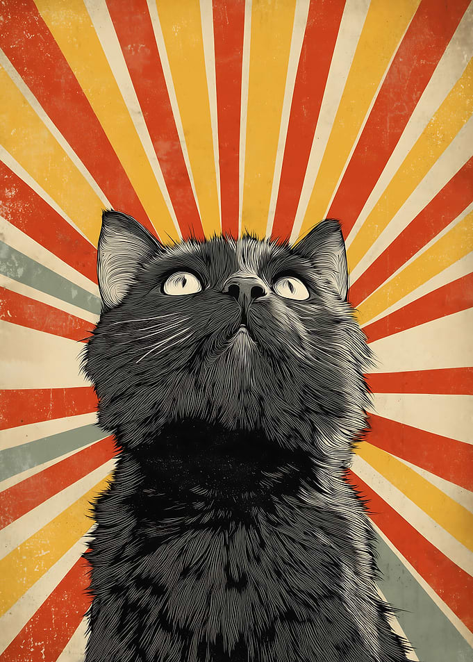 Black Cat Retro Art with Sunburst Background