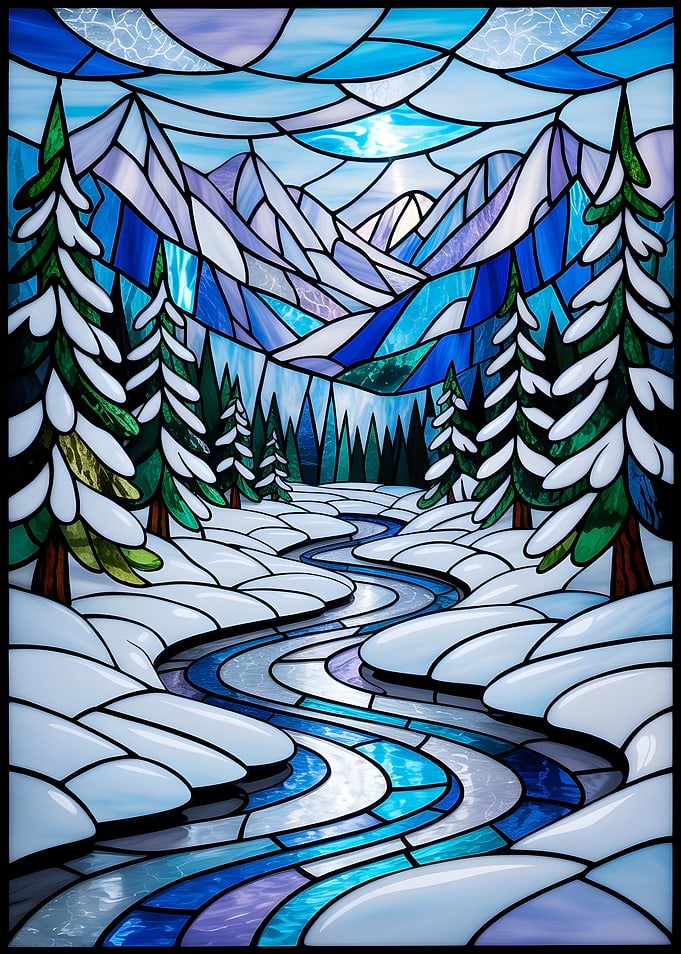 Stained Glass Mountain Art A Chilly, Colorful Landscape of Snow and Light