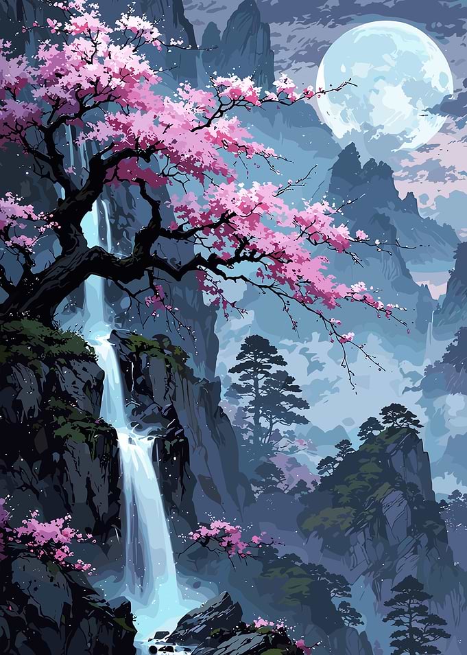 Cherry Blossoms Waterfall Landscape