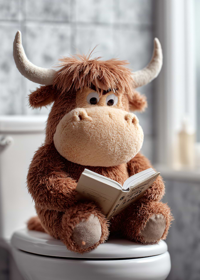 Stuffed Bull Reading on Toilet