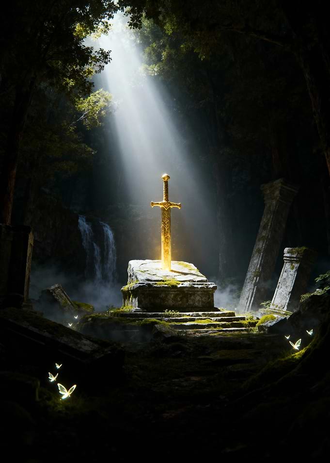 Golden Sword in Forest Clearing