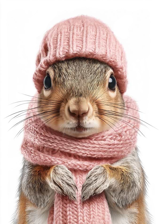 Cozy Squirrel in Pink Hat and Scarf