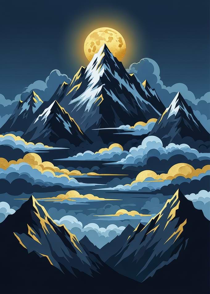 Mountain Peaks Under a Full Moon