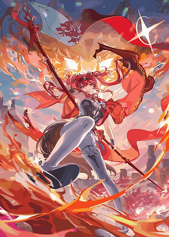 Wuthering Waves with Flag in Fiery Scene