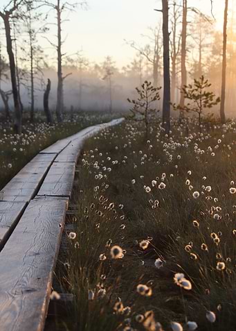 Wooden Path Through Misty Bog