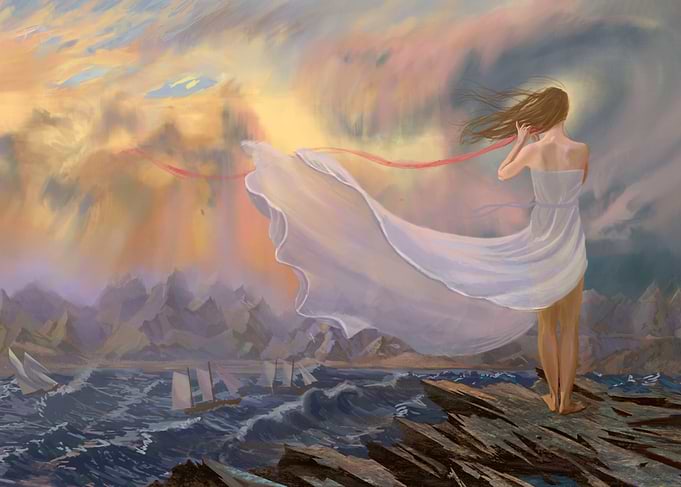 Woman in white dress by the sea