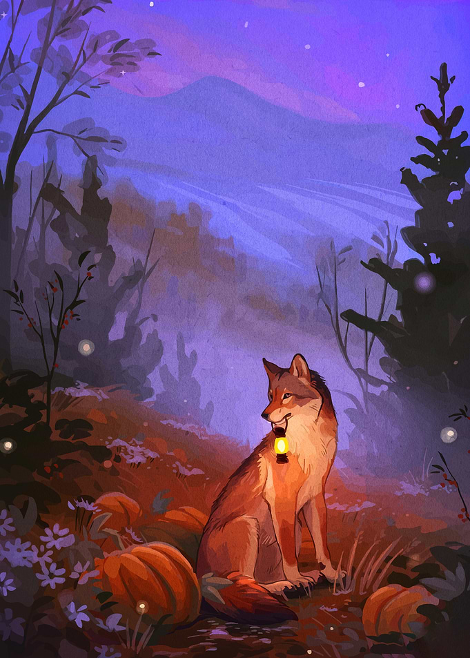 Coyote with Lantern in Autumn Landscape