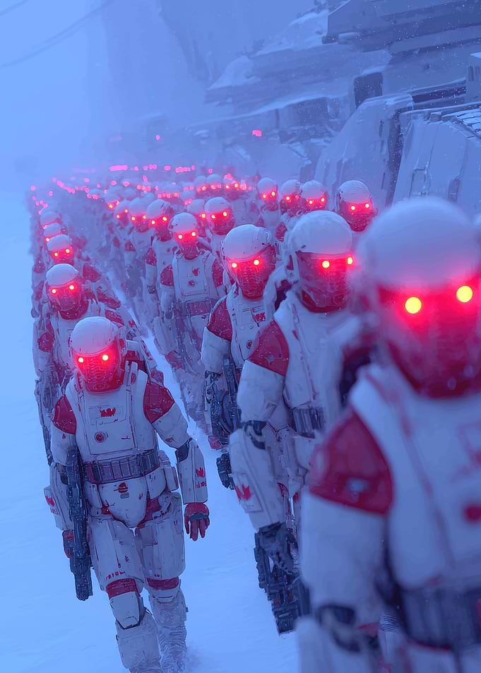Robotic Soldiers in Snowy Landscape