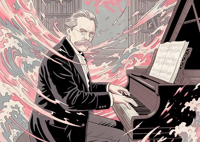 Man playing piano with abstract waves