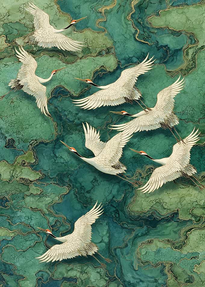 Cranes in Flight over Green Waters