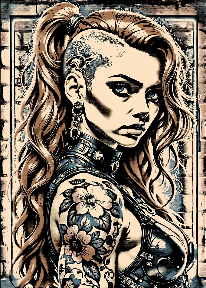 Steampunk Woman with Tattoo and Hairstyle