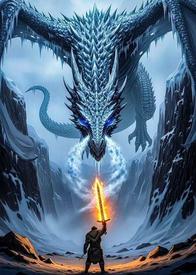 Dragon and Warrior Fantasy Battle Scene