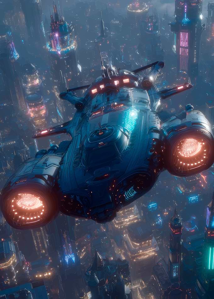 Futuristic Spaceship Over Cityscape