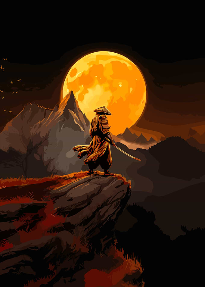 Samurai on Cliff with Moon