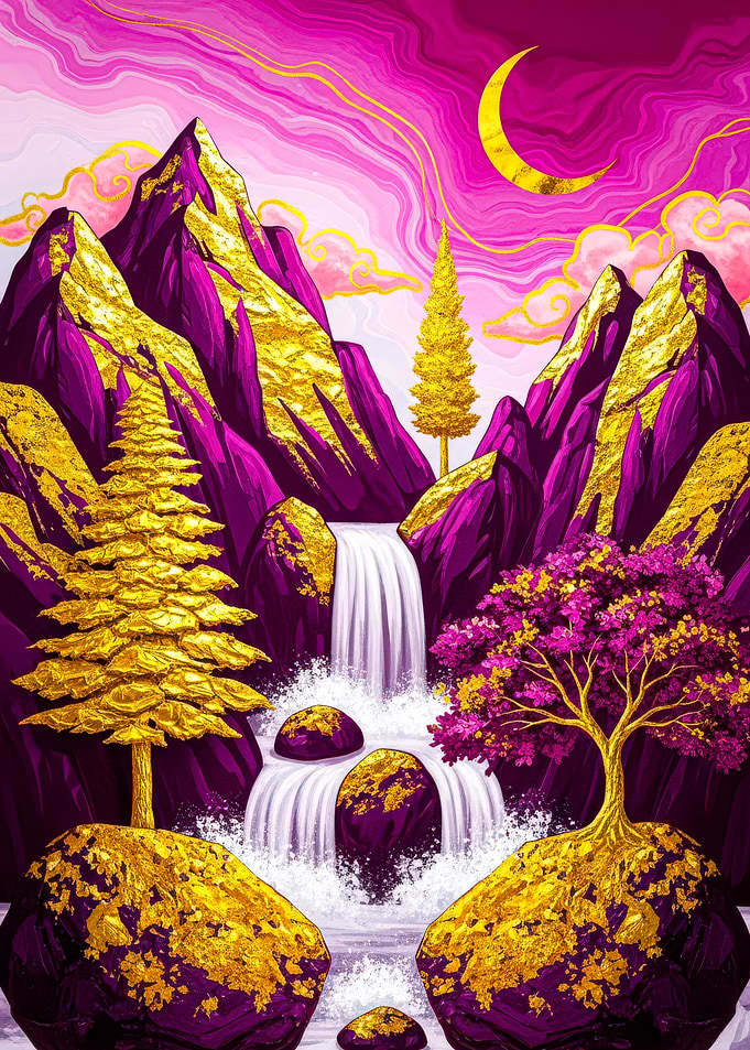 Purple and Gold Mountain Waterfall