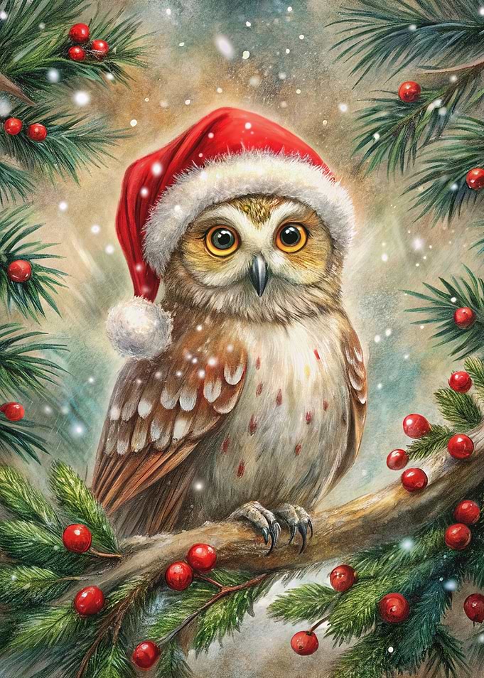 Christmas Owl with Santa Hat